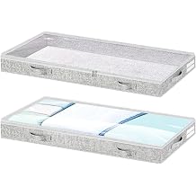 Low Profile Under Bed Storage, 3-Inch High Foldable Underbed Storage Bins with Lid & Zipper, No Structure, Super Slim Clothes Organizer for Crib Dorm Couch Low Bed, 2-Pack, Clear Top