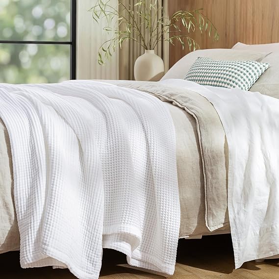 PHF 100% Cotton Waffle & Muslin Blanket Queen Size, 90" x 90", White