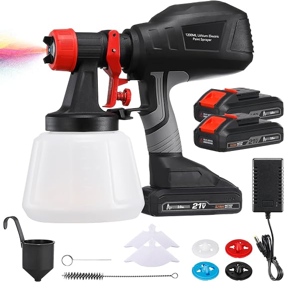 21V Cordless Paint Sprayer with 2Pcs 21V 2.0Ah Batteries, 40,000rpm Handheld Sprayer Gun with 4 Nozzles 3 Patterns 1200ml Container 1 Charger for Furniture Home House Painting Black