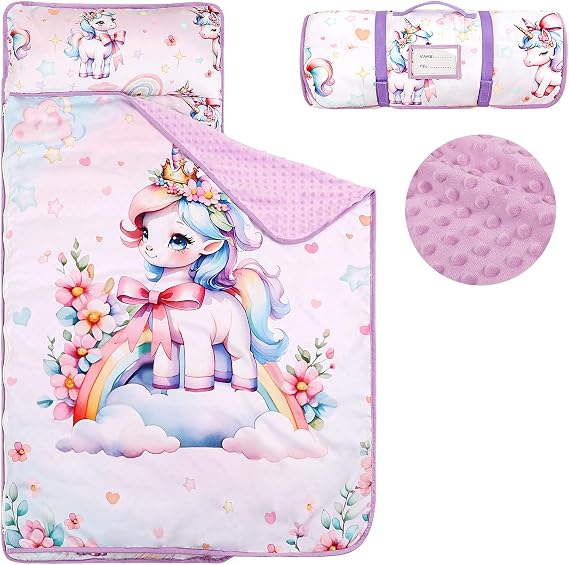 Toddler Nap Mat with Removable Pillow & Soft Minky Blanket, HNHUAMING Extra Large Rolled Napping Mats for Girls Boys, Kids Slumber Bags for Daycare, Preschool Travel Camping