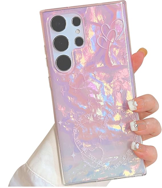 for Samsung Galaxy S23 Ultra Phone Case, Pink Purple Heart Cover | Glitter Pearly Luster Shell with Colorful Heart Pattern, Slim Protective Cute Case for Women and Girls, Cover for S23Ultra 5G