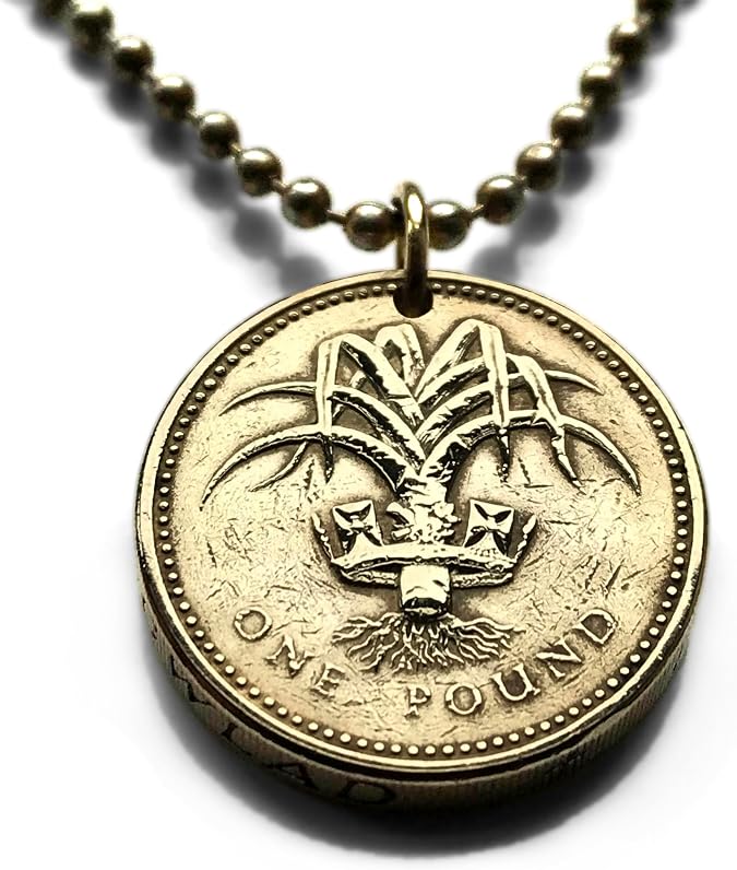 1990 Wales United Kingdom 1 Pound coin pendant Welsh leek Cardiff Swansea Barry Neath Cwmbran Bridgend Llanelli Prestatyn Cymraeg Saint David's Day Caernarfon Newport Wrexham Cymru Aberystwyth n002400