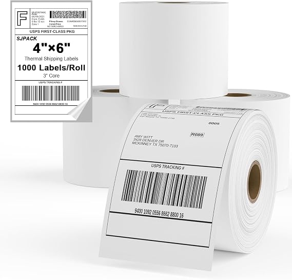 Thermal Shipping Labels, SJPACK 4x6 Shipping Mailing Labels with Perforated Line, 3" Core, Label Stickers, Shipping Labels Compatible with Zebra Thermal Label Printers,1000/Roll, 4 Roll