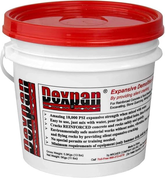 Expansive Demolition Grout 11 Lb. Bucket for Rock Breaking, Concrete Cutting, Excavating. Alternative to Demolition Jack Hammer Breaker, Jackhammer, Concrete Saw, Rock Drill (Type 1, 77-104 F)