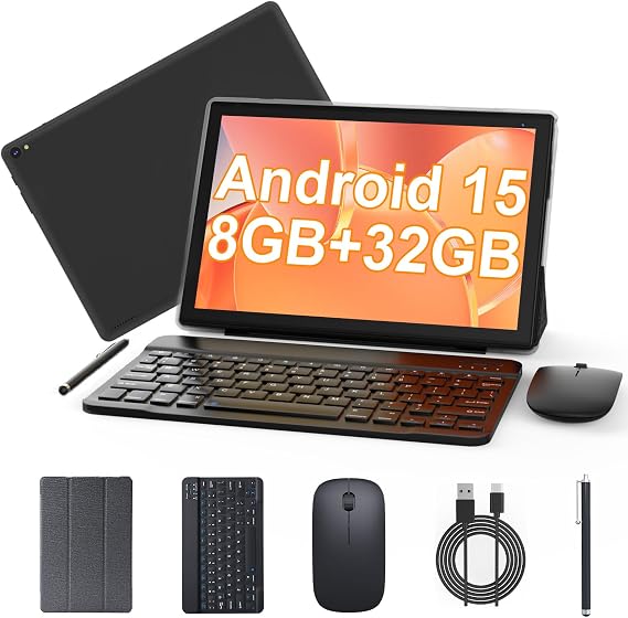 Android 15 Tablet 10 inch, 2 in 1 Tablet with Keyboard, 8GB RAM+32GB ROM Support 1TB Expandable Tablets PC, Quad-Core CPU, HD Screen, BT, WiFi, Long Battery Life Tablets with Case Mouse Stylus, Black