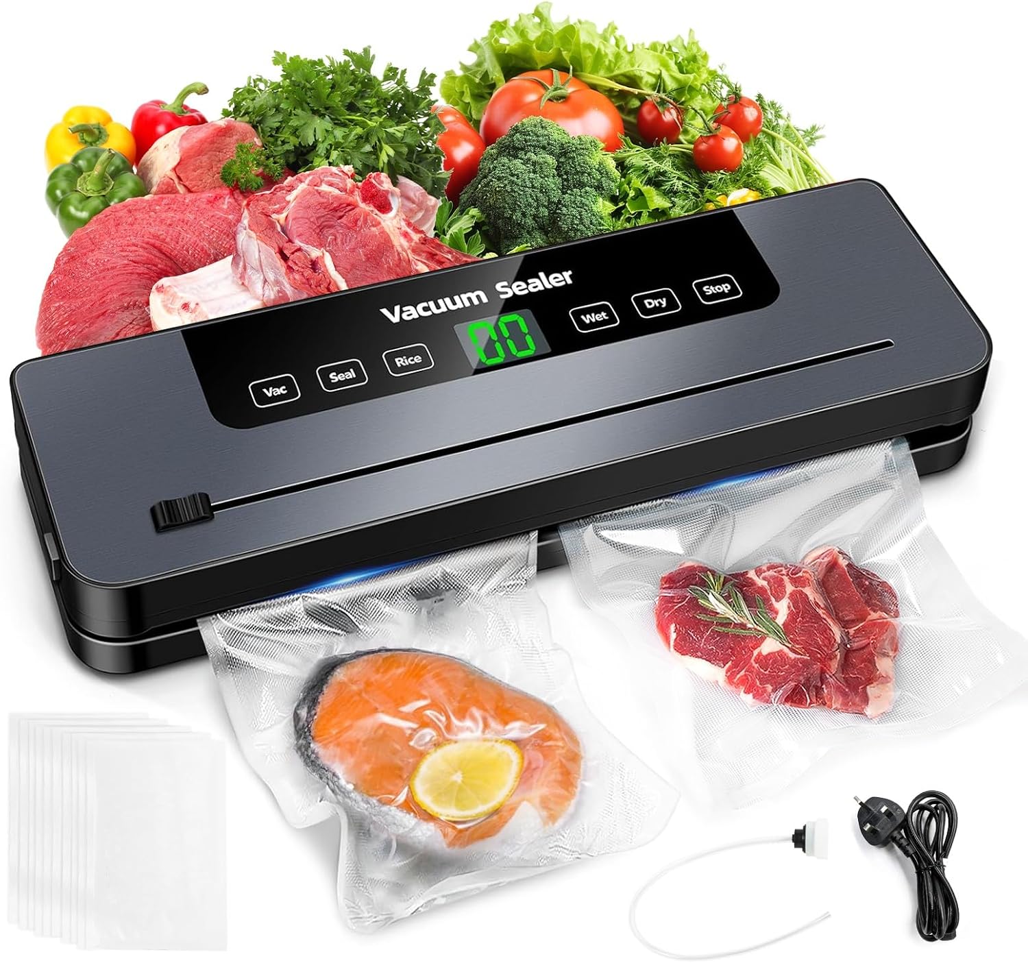 6 in 1 Vacuum Sealer Machine, 30cm Longer Seal Food Sealer with 50Pcs Vacuum Sealer Bags for VacSealRiceWetDry Mode, Built-in Cutter and Visible LED Digital Countdown Display