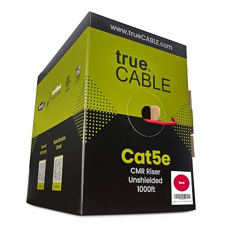 trueCABLE Cat5e Riser (CMR), 1000ft, Red, 24AWG 4 Pair Solid Bare Copper, 350MHz, PoE++ (4PPoE), ETL Listed, Unshielded Twisted Pair (UTP), Bulk Ethernet Cable