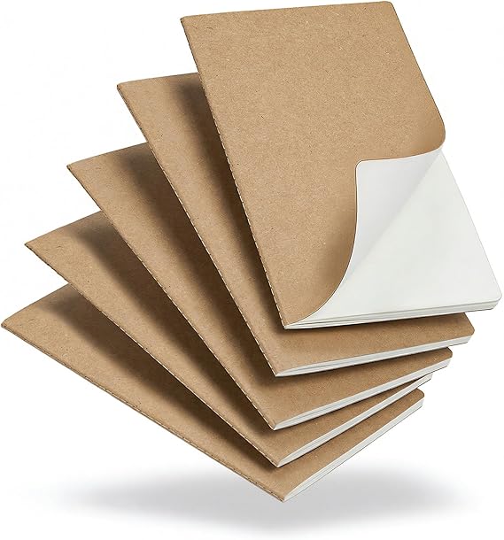 5 Pack Plain Notebooks Bulk A5, 60 Pages Blank Journals, 8.3x5.5 Inches, Natural Kraft Cover Composition Notebooks for School Office Students Artists