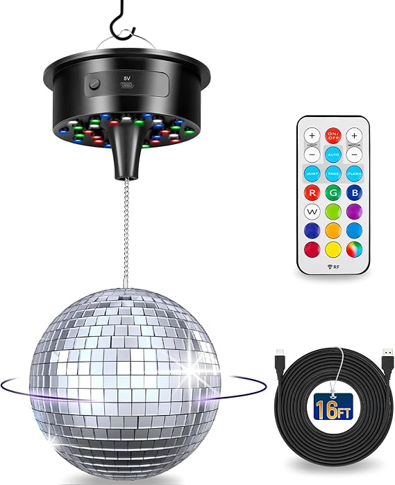 Disco Ball with Motor, 3/6/9/12/15RPM Variable Speed & 12 Color Modes | Batteries Operated, 6" Mirror Ball, 30 RGBW LED Beads, Auto/Jump/Fade/Flash Dynamic Light Modes, for Wedding Birthday Party
