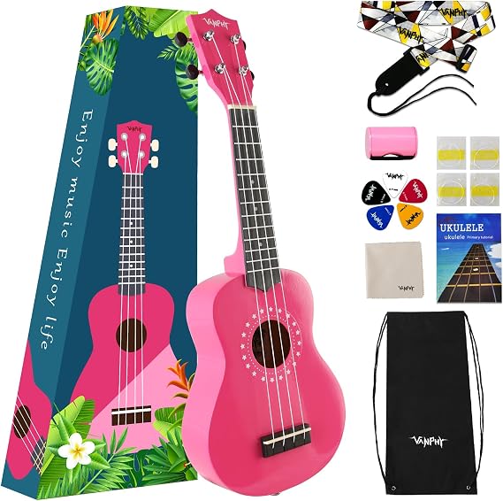 Soprano Ukulele for Kids 21 Inch Ukelele with Bag Strap Picks Songbook Cleaning Cloth Suitable for Adults and Beginners(Light Pink)