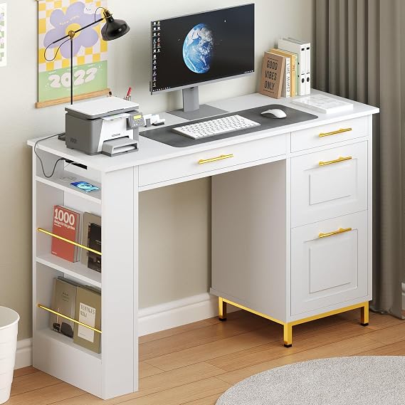 4 EVER WINNER White Desk with Drawers and Power Outlet, 48 Inch Computer Desk with 4 Storage Drawers Golden Handle, Home Office Desks with Storage Shelves for Small Space, White and Gold Desk