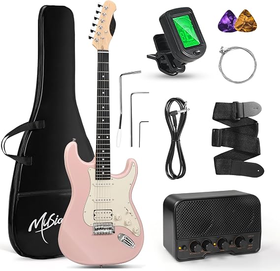 Musicool 39-Inch Electric Guitar Starter Kit with HSS Pickups, Pink | Beginner Electric Guitar Starter Kit with 5W Bluetooth Amp, Gig Bag, Tuner, Strap, Cable, Picks for Adult Students