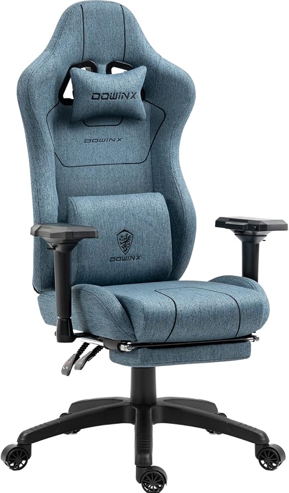 Dowinx Gaming Chair Fabric with Pocket Spring Cushion, Massage Game Chair Cloth with Headrest, Ergonomic Computer Chair with Footrest 290LBS, Pink and Grey