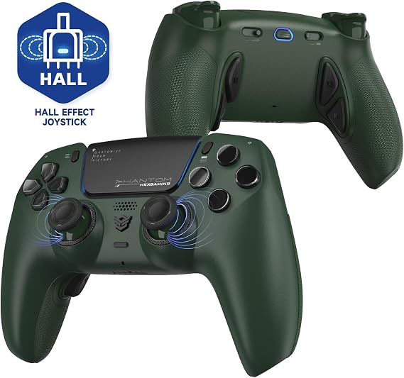 HEXGAMING Hall effect version ps5, PHANTOM Pro gaming controller for PC, mobile phone, etc., with 4 assignable back buttons, 6 types of profiles can be registered, 8 types of replaceable analog sticks can be selected, and an adaptive trigger function that can be adjusted.  Dark green