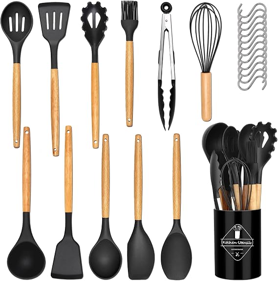 Kitchen Utensil Set 24-Piece Cooking Utensils: Non-Stick Heat Resistant Silicone Cookware - Spatula Cooking Utensils Kitchen Utensils with Wooden Handle 12 S-Hooks Black
