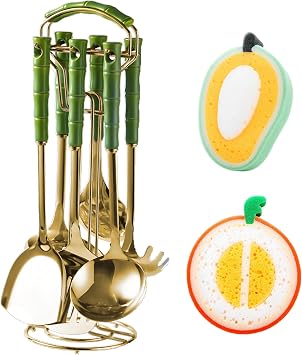 9 Piece Kitchen Utensil Set, Kitchen Accessories for Cooking, Gold Stainless Steel with Green Handles, Cooking Tools with Stand