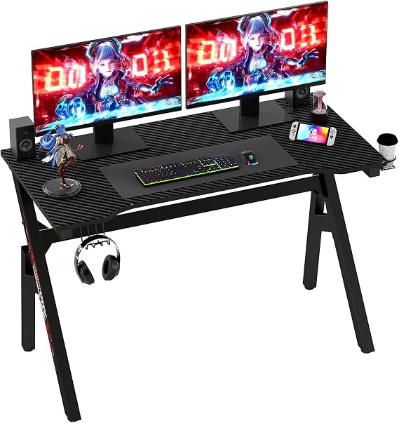 BestOffice | 47" Gaming Desk | Black & Red | Carbon Fiber Textured Computer Desk | Sturdy Steel Frame,Cup Holder, Headphone Hook, Cable Management Holes, Adjustable Leg Pads | for Gamers,Home,Office
