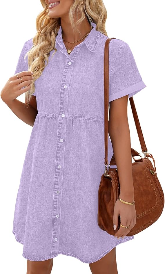 LookbookStore Denim Dress for Women Short Sleeve Flowy Babydoll Jean Dress | Trendy Womens Summer Dresses, Tiered Baby Doll Short Dress, Above Knee Length, Button Down, Daily Wear, Country Concert Dress