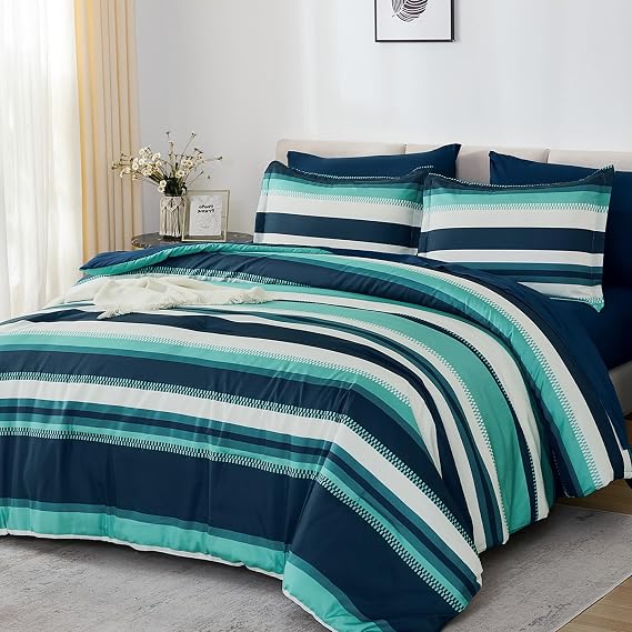 WONGS BEDDING Comforter Set King Size, Teal Striped Bed in a Bag, 7 Pieces Soft Lightweight Micorfiber Bedding Set with Comforter, Flat Sheet, Fitted Sheet, Pillow Shams, Pillowcase