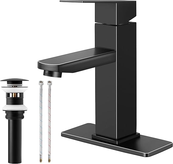 Herogo Black Bathroom Faucet, Stainless Steel Modern Bathroom Sink Faucets with Pop-up Sink Drain & Deck Plate 1 or 3 Hole, Single Handle RV Washbasin Lavatory Faucet with 2 Water Hoses
