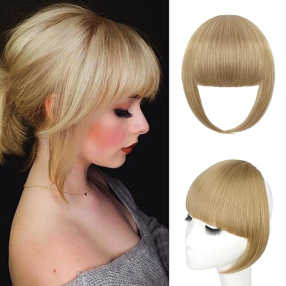 Hair Clip in Bangs - Faux Blonde French Fringe With Temples Hairpieces for Women - Fake Clip-on Hair Extensions for Daily Wear (Light Brown)