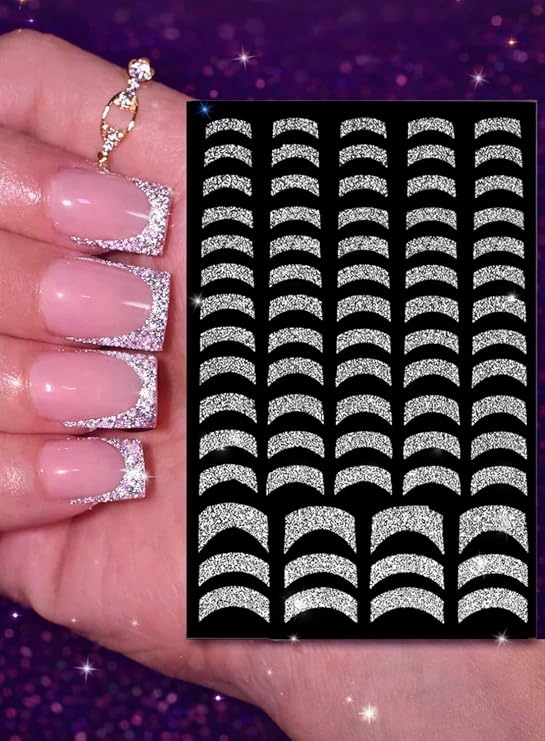 Gümüş Simli Fransız Manikür Tırnak Sticker, Nail Art Süsleme, Protez Tırnak Kalıcı Oje için Dekoratif Çıkartma