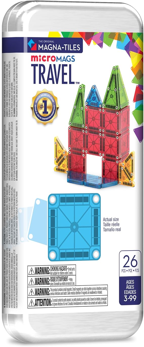 MAGNA-TILES microMAGS 26-Piece Travel Magnetic Construction Set Bold Colors, The Original Magnetic Building Brand