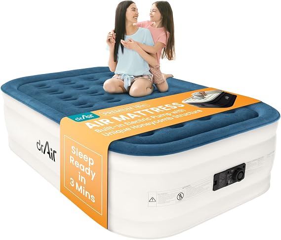 Dr. air Full Air Mattress, 18 Raised Inflatable Bed with Built-in Pump, Waterproof Velvety Top, Ergonomic Design, Reinforced Support, and Carry Bag for Home, Camping, and Guests