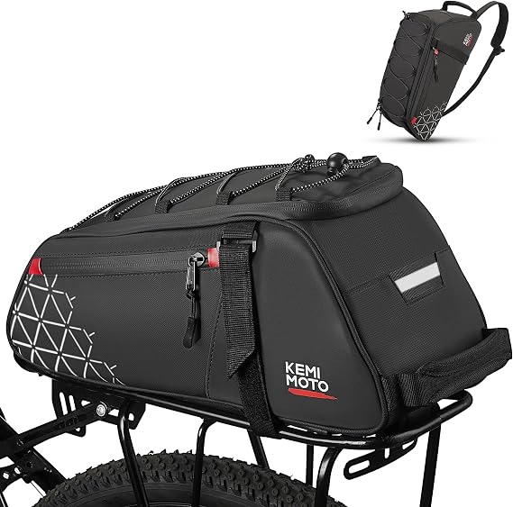 KEMIMOTO Rear Bike Rack Bag - 8L PVC Water Resistant Ebike Bags for Bicycle | Bicycle Trunk Pannier for Commuter Travel Shopping and Cycling Accessories, Reflective Strips, Lightweight (Black)