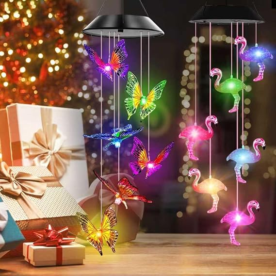 Gift for Women Flamingo and Butterfly Solar Wind Chimes Outdoor Decor and Night Light Room Decor