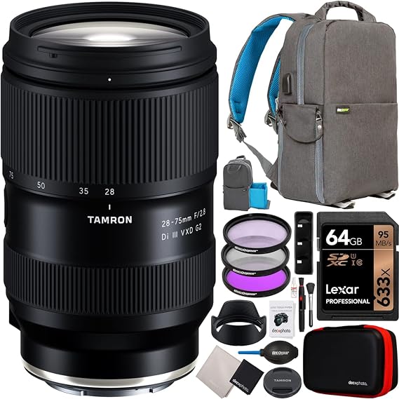 Tamron 28-75mm F/2.8 Di III VXD G2 Lens for Sony E-Mount Full Frame Mirrorless Cameras Model A063 Bundle with Deco Gear Photography Backpack + UV Polarizer FLD Filter Kit + 64GB Card and Accessories
