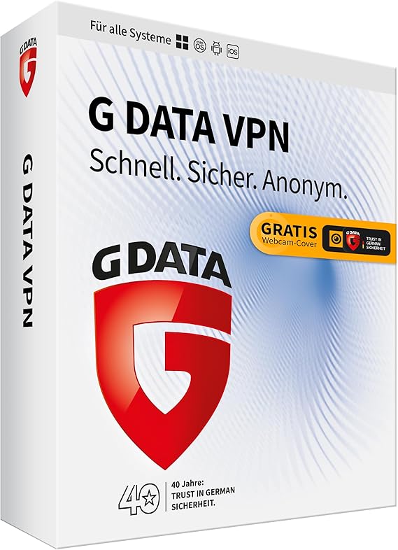 G DATA VPN 10 Devices 1 Year Windows Mac Android iOS Anonymous Surfing Made in Germany Box Including DVD & Webcam Cover