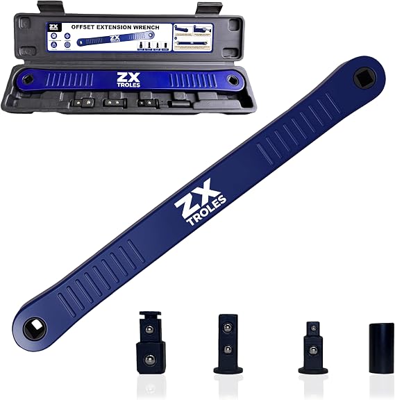 1/2" Offset Extension Wrench Impact Ready Socket Wrench Extender Tool Universal Extensions Wrench for Small Place, with Versatile 1/4", 3/8", and 1/2" Square Drive Adapters, Blue
