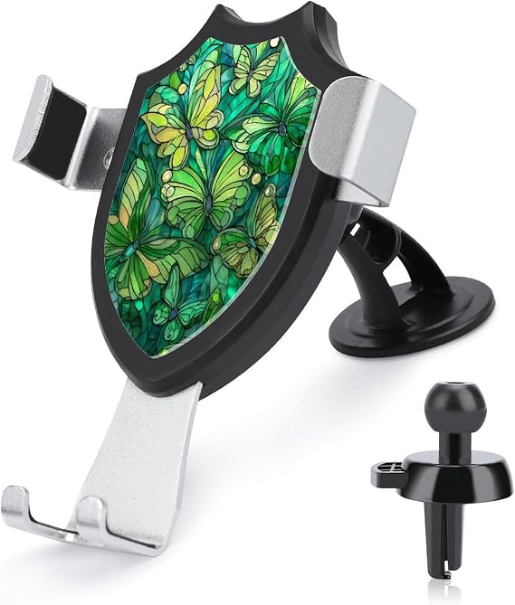 Stained Glass Mint Green Butterflies Floral Car Phone Holder Mount Triangle Clip Base Air Vent Cell Phone Car Mount Automotive Accessories for 4-6 Inches Cell Smartphones