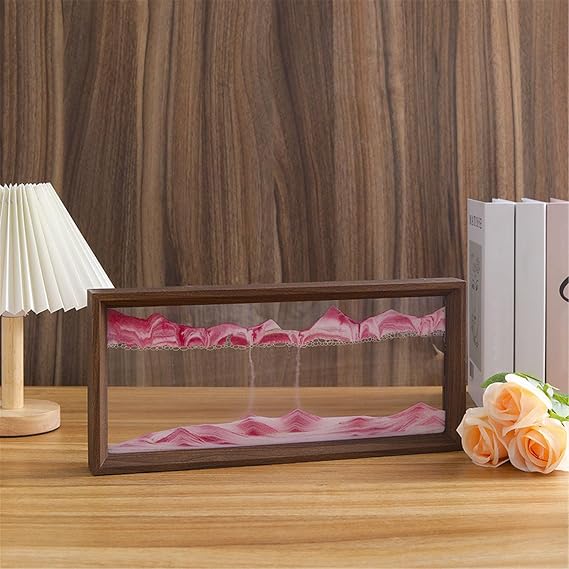 Square Shape Sand Art Liquid Motion Ocean Wave Moving Sand Art Wooden Frame Sandscape Moving Sand Picture for Home & Office Desk Accessories(Pink,12in)