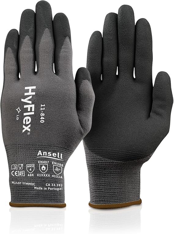 Ansell HyFlex 11-840 Ergonomic Abrasion-Resistant Nylon Spandex Nitrile Coated Industrial Gloves for Automotive, Fabrication