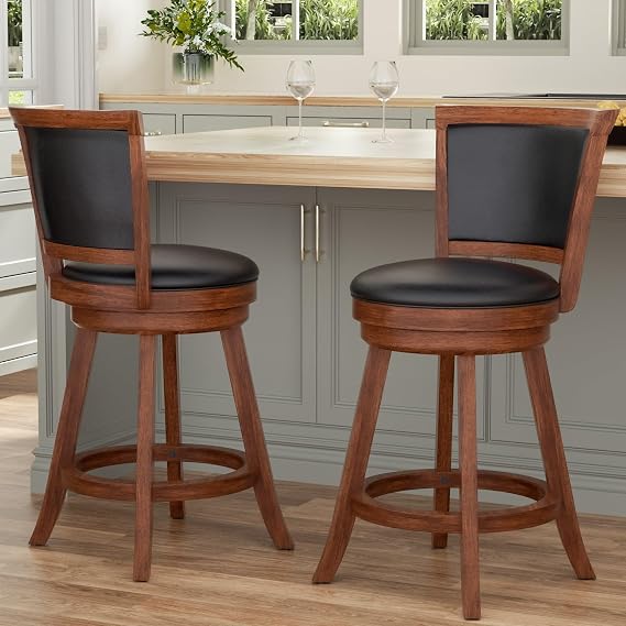 Swivel Bar Stools Set of 2, 24" Counter Height Swivel Barstools with Back & Faux Leather Upholstered Seat, Island Chairs with Solid Wood Legs & Footrest for Kitchen, Dining Room, Pub, Brown