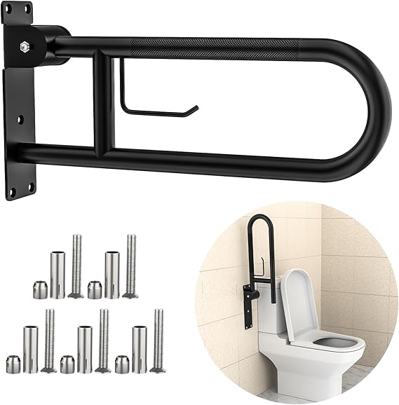 Toilet Grab Bar 24 Inch, YuanDe Flip Up Grab Bar with Paper Holder | Matte Black Anti-Slip Safety Bars for Toilet, Stainless Steel Knurled Toilet Handles for Seniors Disabled Elderly Pregnant