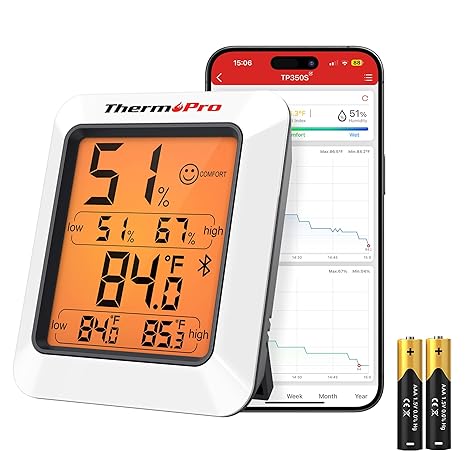 ThermoPro TempPro TP350 Bluetooth Room Thermometer, Indoor Hygrometer with Alerts, Humidity Meter and Temperature Monitor with Smart App and 2-Year Data Record & Export, Humidity Sensor for Baby Room