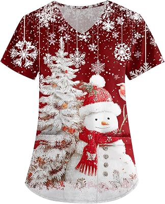 Christmas Scrub Tops Women Printed Medical Scrubs Funny Xmas Pattern Shirts Plus Size Nurse Uniform S-5XL