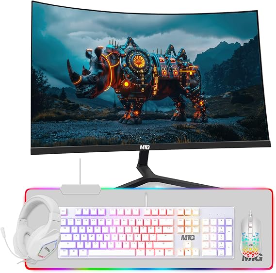 MTG 32" Curved Monitor Full HD 1080P Frameless Screen, HDMI DP USB Audio, Low Motion Blur, VESA Mount, 4 in 1 Gaming Kit Combo, Computer Monitor for Gaming, Home and Office