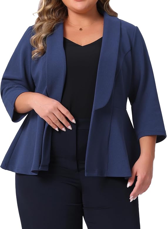 Agnes Orinda Women Plus Size Peplum Blazer 3/4 Sleeve Work Business Casual