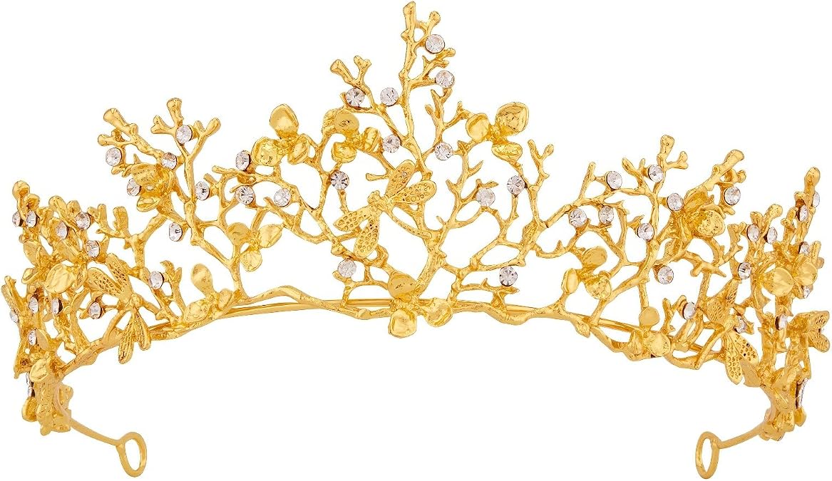 Fairy Crown, Vofler Gold Tiara for Women - Mermaid Elf Mother Nature Ursula Witch Costume Seashell Shell Twig Leaf Coral Butterfly Flower Headband for Princess Bride Queen Adult Girl Halloween Party
