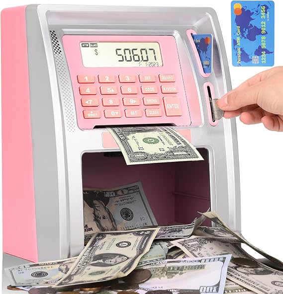 BKstar Kids Talking ATM Piggy Bank for Real Money with Dual Debit Cards, Power-Off Memory, Auto-Opening Drawer, Onekey Shutdown, Bill Feeder, Coin Recognition, Balance Calculator Machine