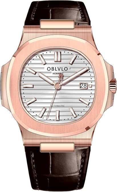 OBLVLO Men's Automatic Watch, Ultra-Thin 8.5mm Case, Textured Dial, Miyota 9015 Movement, Brown Leather Strap, FM-AT
