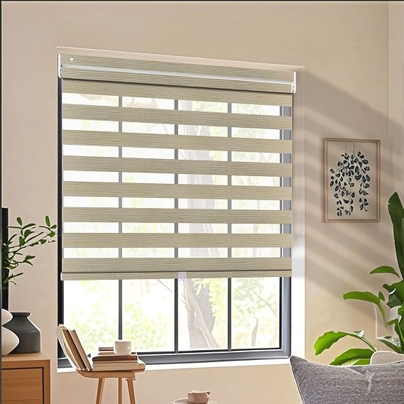 Cordless Zebra Blinds No Drill No Tools Dual Layer Fabric Roller Shades for Window Custom Size Blackout Privacy Window Blinds and Shades for Room Darkness, 95% Darkness Khaki, 47" W x 70" H