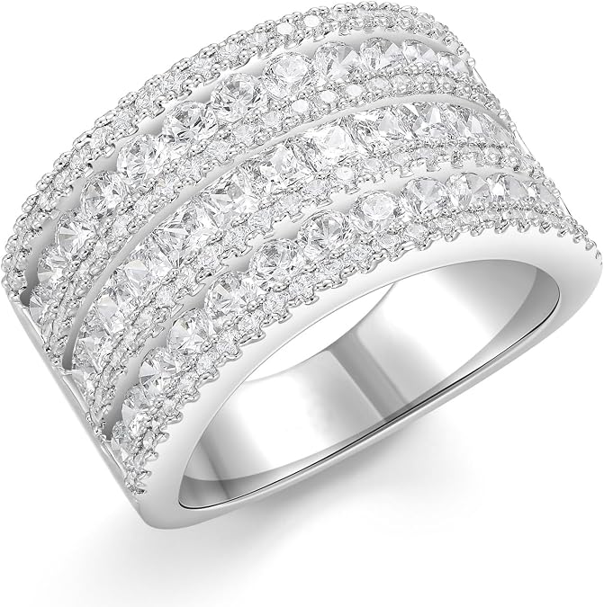 Wide Wedding Bands for Women 18K White Gold Plated 3 Row Round Princess Cut AAAAA Cubic Zirconia Eternity Stackable Fashion Cocktail Rings for women Size 5-10