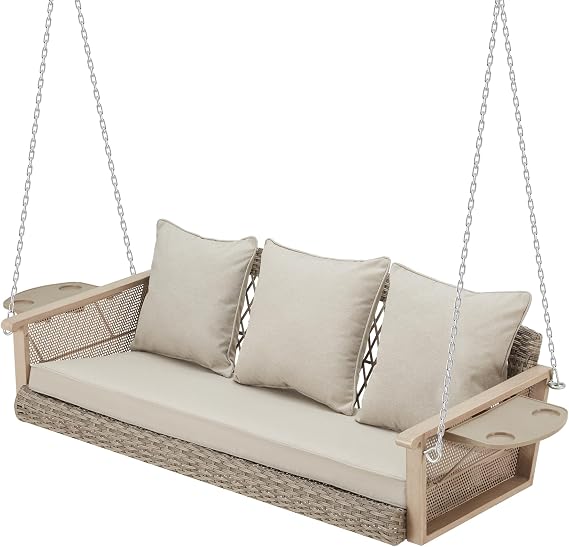 HOMREST 3-Seat Hanging Porch Swing with Cup Holder,Wicker Patio Swing Chair