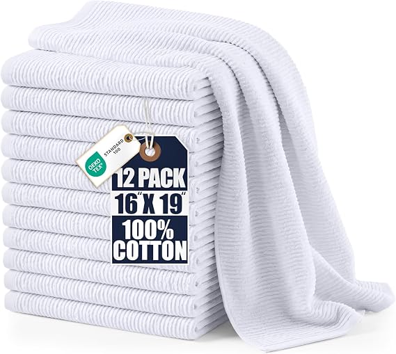 Utopia Towels Kitchen Bar Mops 16 x 19 Inches, 100% Cotton Super Absorbent Ribbed Bar Towels, Multi-Purpose Cleaning Towels for Home and Kitchen Bars 12 Pack White