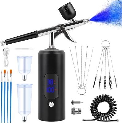 Kalolary 38PSI Airbrush Kit with Compressor, Rechargeable Airbrush Compressor High Pressure Airbrush Compressor for Barber, Nail Art, Cake Decor, Makeup, Model PaintingBlack